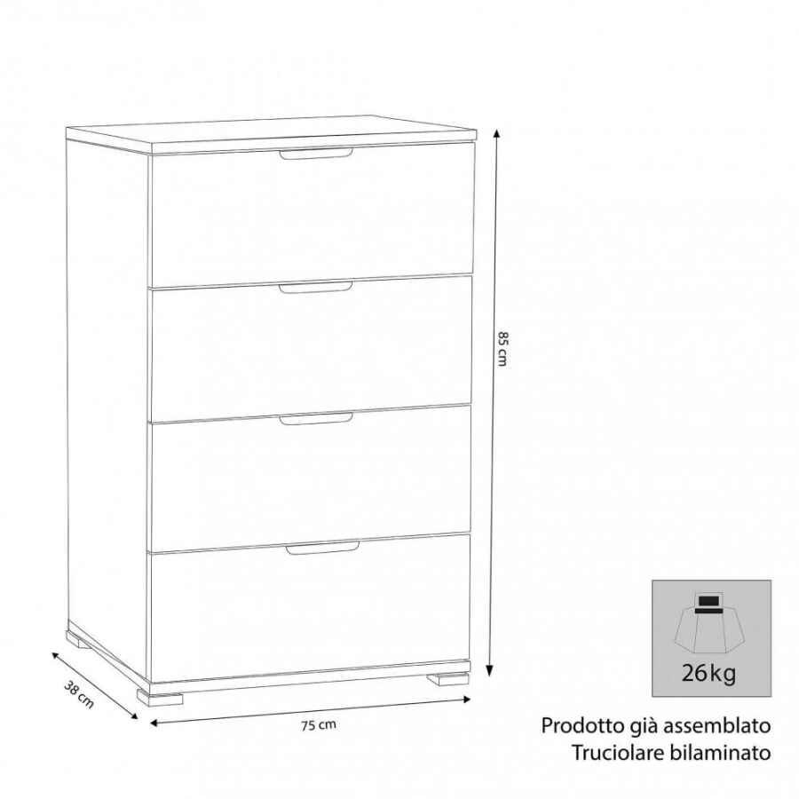 Cassettiera 4 cassetti in Truciolare cm 75x38x85 – DAMIAN