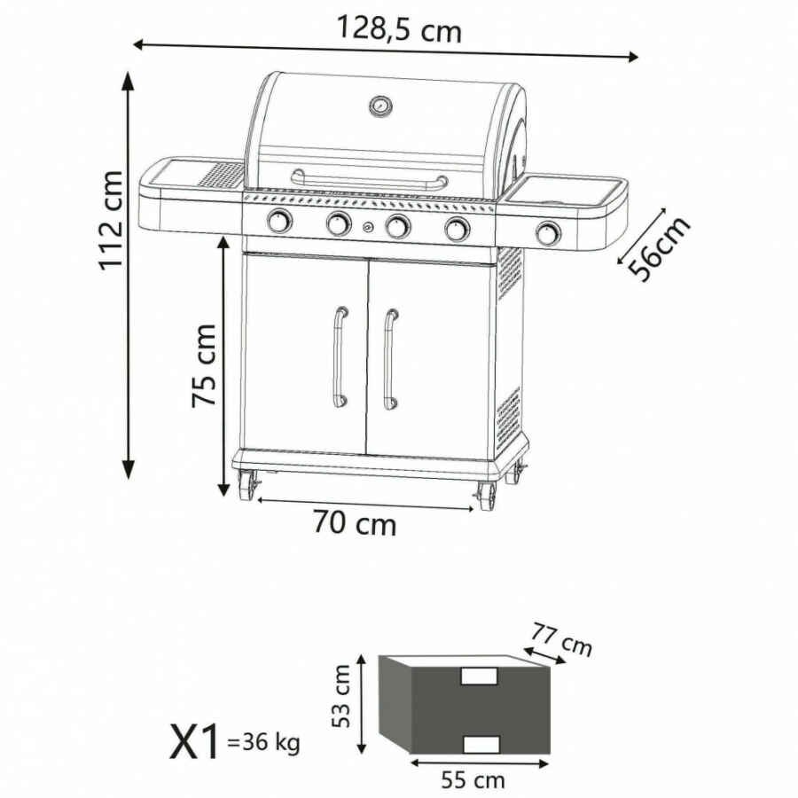 Barbecue a gas Inox 4 fuochi + 1 in Acciaio cm 133x57x112 – ANGUS