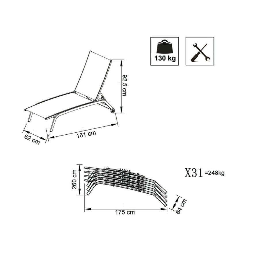 Lettino da Giardino Impilabile in Alluminio,Textilene cm 161x62x92,5 – TOM