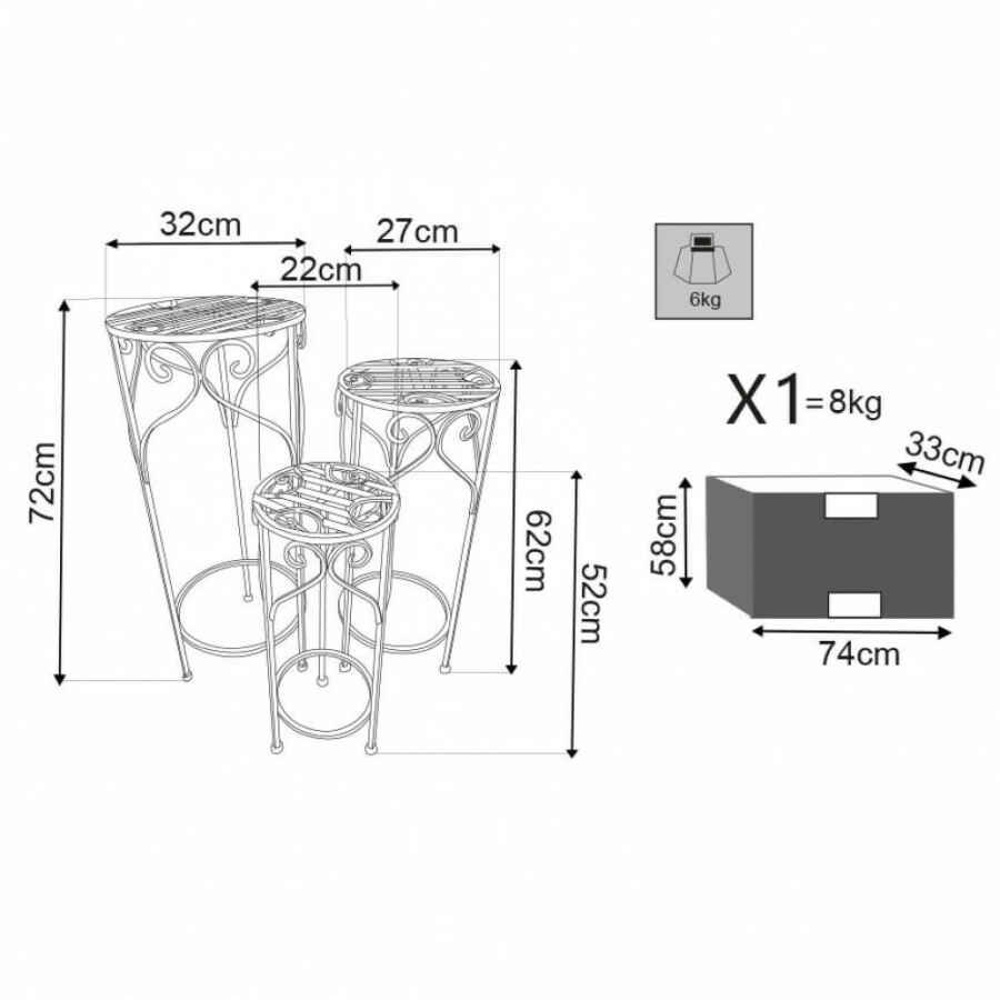 Set di 3 fioriere in stile provenzale in Acciaio cm 37x37x72 – DRISCOLL