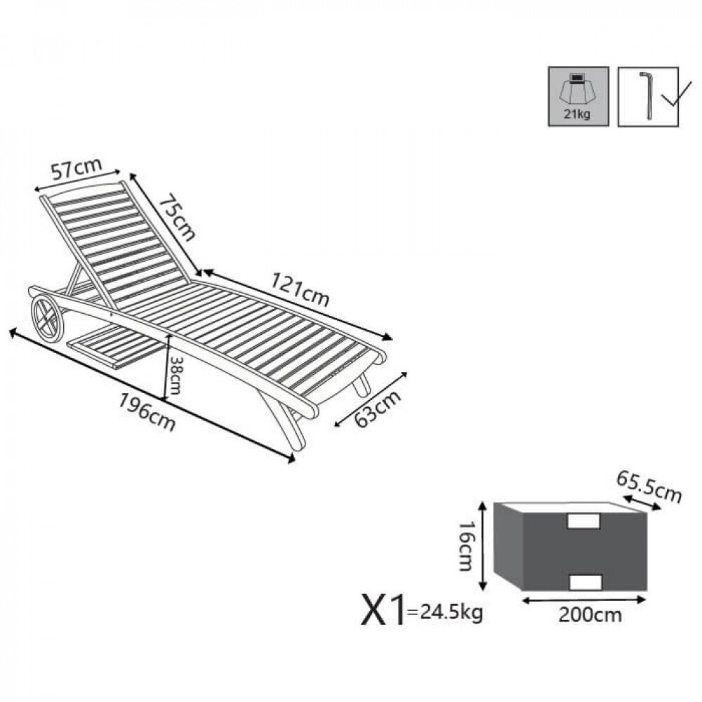 Lettino prendisole con ruote in Legno,Acacia cm 196x63x38 – ELIOT